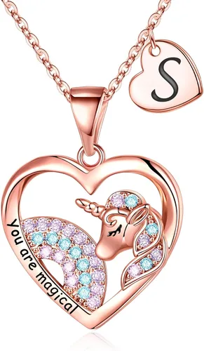 IEFRICH Regalos de unicornios para niñas, collares chapados en oro rosa, collares de unicornio con corazón para mujeres y niñas, collares con