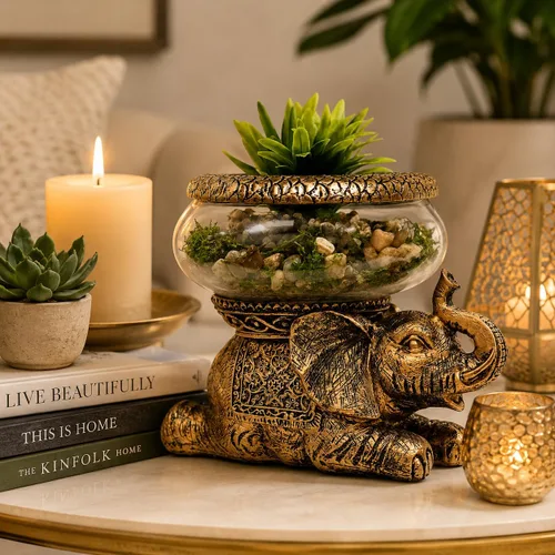 Miniatura 6 de Tazón de cristal de elefante de buena suerte, figura decorativa envejecida dorada con cuenco de vidrio extraíble, terrario, portavelas o acuario