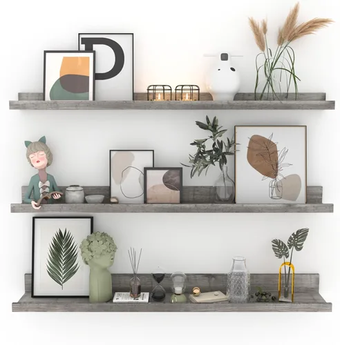 Miniatura 14 de Giftgarden Estantes flotantes de 16 pulgadas montados en la pared, estante de madera de grano de madera beige blanco cremoso para baño, dormitorio