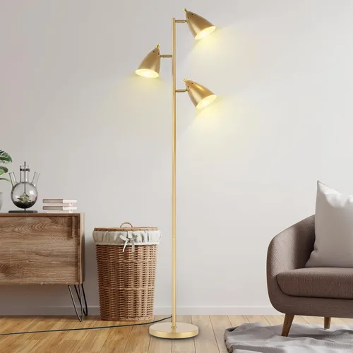 Miniatura 8 de Lámpara de pie estilo árbol LALISU para sala de estar, lámpara de pie industrial de 3 luces con 3 bombillas LED, cabezas giratorias ajustables