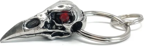 Miniatura 2 de Bravo Bells Llavero Raven Skull – Rhinestone rojo – Llavero de peltre gótico y motero – Fabricado en Estados Unidos con peltre sin plomo