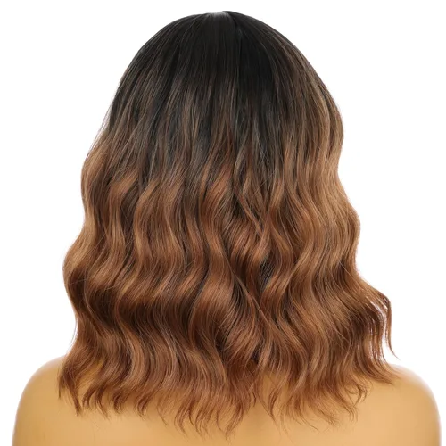 Miniatura 7 de eNilecor Peluca de color negro a marrón para mujer, peluca de pelo corto ondulado rizado con flequillo, 14 pulgadas, disfraz de fiesta sintético