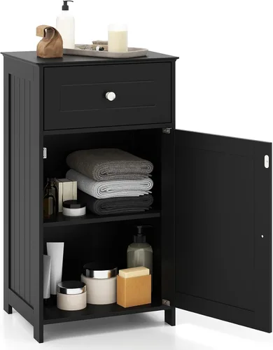 GLACER Armario de suelo de baño, gabinete de almacenamiento lateral de una sola puerta con cajón, organizador de almacenamiento de madera para baño,