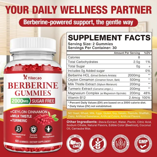 Miniatura 2 de Gomitas de berberina de 2000 mg con canela de Ceilán, suplemento orgánico de berberina HCL para mujeres y hombres, sin azúcar, veganas, sin OMG, sin