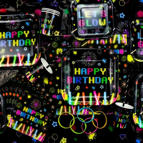 Miniatura 8 de 241 piezas de suministros para fiestas de neón brillante, juego de vajilla de neón brillante, globos de neón que brillan en la oscuridad, pancarta