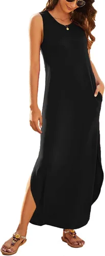 Miniatura 2 de Hount Vestido de verano casual sin mangas para mujer, largo, dividido, maxi con bolsillos
