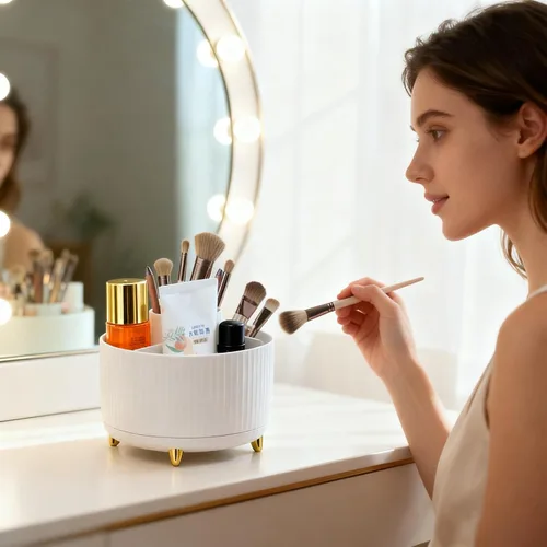 Miniatura 2 de Organizador de brochas de maquillaje, vitrinas de cosméticos giratorias de 360° con 5 compartimentos organizadores de cosméticos y cuidado