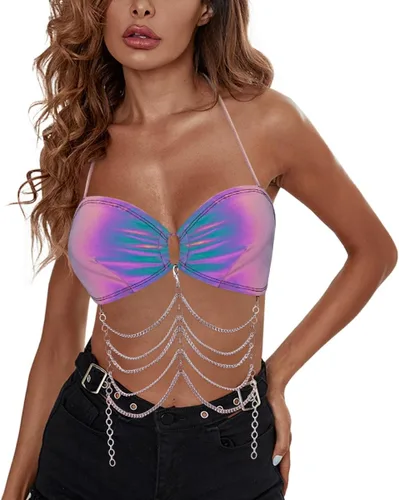 Miniatura 3 de Mocure Camiseta sin mangas holográfica reflectante metálica para mujer, para Rave Festival Club