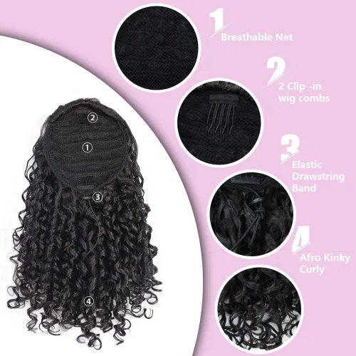 Miniatura 4 de AISI BEAUTY Extensión de cola de caballo rizada con cordón para mujeres negras, cola de caballo sintética rizada con cordón con 2 clips en colas