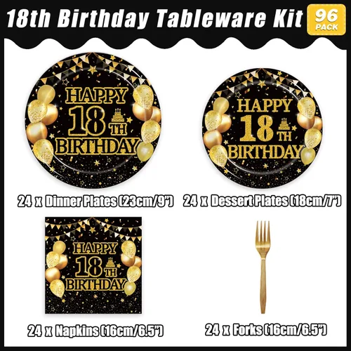 Miniatura 2 de Kepeel Juego de 96 piezas de vajilla para fiesta de cumpleaños número 18, decoraciones de fiesta de cumpleaños negro dorado Es Hora de Ser Adulto