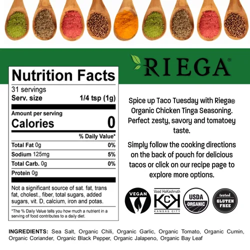 Miniatura 2 de Riega Condimento orgánico de pollo Tinga Street Taco, mezcla perfecta para auténticos tacos de pollo rallado en olla de cocción lenta, 1.1 onzas