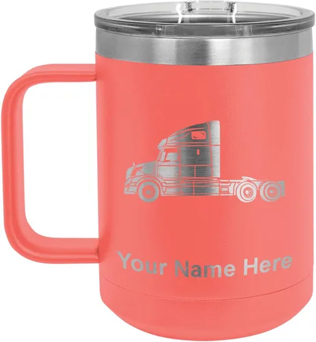 Miniatura 18 de LaserGram Taza de café aislada al vacío de 15 onzas, cabina de camión, grabado personalizado incluido (negro)