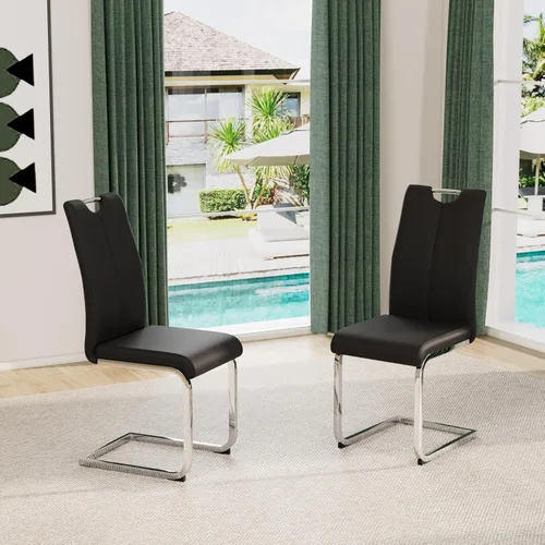 Miniatura 35 de Juego de sillas de comedor modernas (2 unidades) de piel sintética PU con respaldo alto tapizadas con patas doradas de metal para cocina y comedor