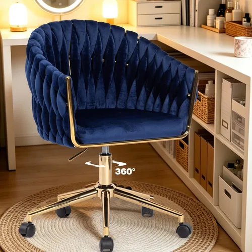 Miniatura 8 de Silla de Oficina de Terciopelo con Respaldo, Sillas de Tocador con Ruedas, Silla de Escritorio de Oficina en Casa de Terciopelo Giratoria 360°, Azul