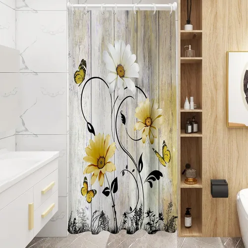 Miniatura 13 de AAtter Cortina de ducha floral azul rústica boho gris blanco amarillo margarita naturaleza negro botánico telón azul verdoso turquesa tela única
