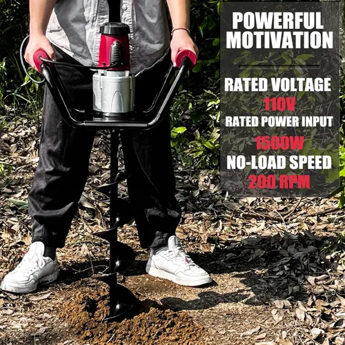 Miniatura 2 de JACKCHEN Perforadora eléctrica de agujeros para postes de 1500W con reversa, barrena de tierra de doble mango con bolsa de almacenamiento, brocas