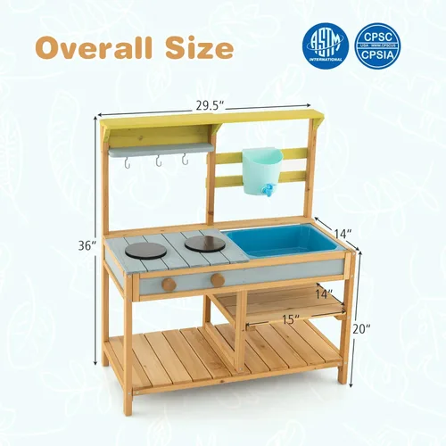 Miniatura 6 de Costzon Cocina de madera para niños, cocina de barro al aire libre con fregadero extraíble, caja de agua y grifo, parte superior de la estufa, Azul