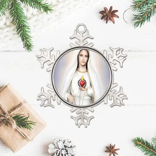 Miniatura 3 de Adornos metálicos de copo de nieve de Nuestra Señora de Fátima, adorno de Navidad, recuerdo, regalo, adornos colgantes para decoración de árbol