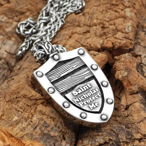 Miniatura 3 de GuoShuang San Miguel Arcángel Cruz Escudo Oración San Nicolás Medalla Amuleto Collar Colgante Collar Acero Inoxidable