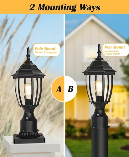 Miniatura 6 de Paquete de 2 luces de poste para exteriores con cableado fijo de 120V del anochecer al amanecer, lámpara de poste de aluminio impermeable con base