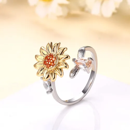 Miniatura 2 de Anillos giratorios de girasol ajustables con circonita cúbica abierta para mujer