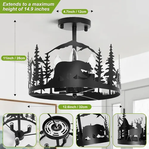 Miniatura 6 de Accesorio de Lámpara de Techo Rústica de Granja de Montaje Semi-Empotrado, 3 Luces Base E12 Accesorios de Luz de Metal Redondo Negro para Cocina