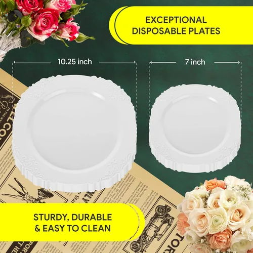 Miniatura 3 de Zlion Juego de platos desechables blancos de 60 piezas, elegante vajilla de plástico para fiestas, bodas, cumpleaños y baby showers, incluye platos