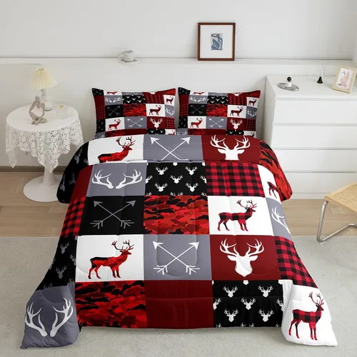 Miniatura 75 de Juego de edredón de cuernos de ciervo tamaño individual, juego de ropa de cama rústica de granja con huellas de oso y pinos para decoración