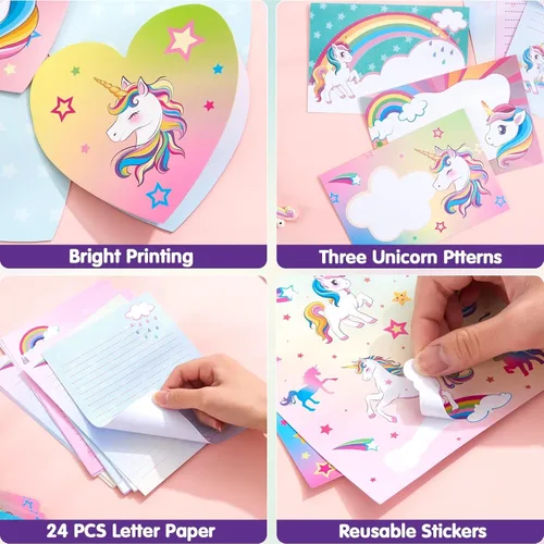 Miniatura 3 de WERNNSAI Juego de 69 cartas y sobres de papelería, unicornio para niños, papel de escritura y sobre, regalos de cumpleaños de Navidad para niñas