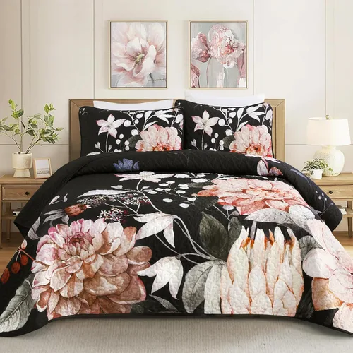 Miniatura 10 de Juego de colcha floral tamaño Queen de 3 piezas, juego de colcha con estampado floral rojo suave de microfibra ligera, cubrecama acolchado negro