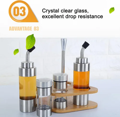 Miniatura 4 de Cyrank Juego de salero y pimienta, dispensador de aceite de oliva y vinagre con soporte de madera, dispensador de especias de vidrio para el hogar