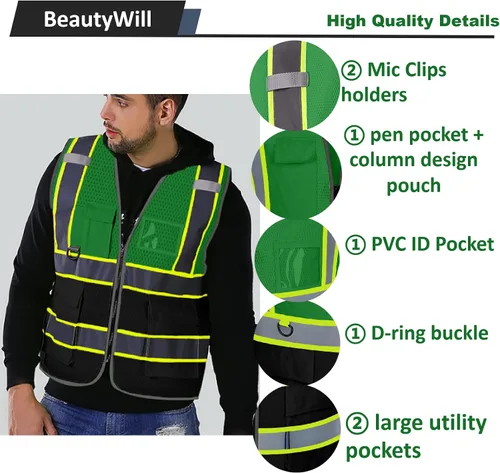 Miniatura 2 de BeautyWill Chaleco de seguridad, paquete de 10 chalecos reflectantes de alta visibilidad clase 2 con 5 bolsillos, chaleco de construcción, normas