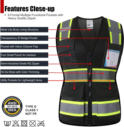 Miniatura 2 de Chaleco de seguridad para mujer, chaleco de alta visibilidad con 8 bolsillos y cremallera frontal, chaleco reflectante de malla que cumple