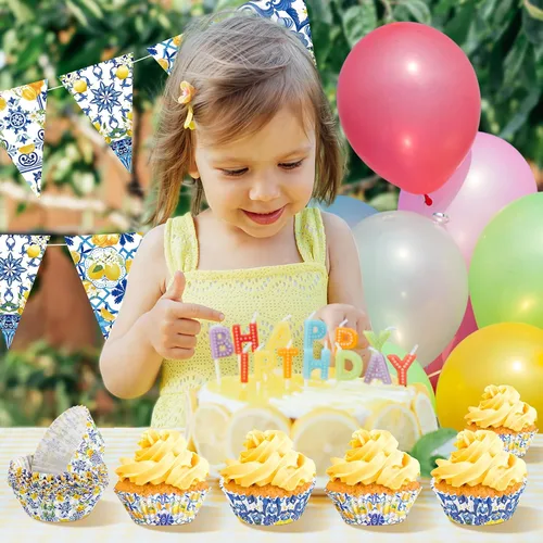 Miniatura 5 de Funrous 200 forros de papel para cupcakes de limón con azulejos azules, tazas de limón para hornear, encontró su principal decoración de despedida