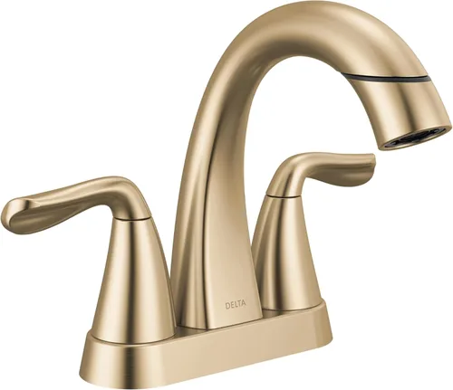 Delta Arvo - Grifo central de baño extraíble, grifo dorado para lavabo de baño, grifo de baño con rociador extraíble, grifo de baño de 3 agujeros,