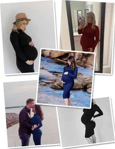 Miniatura 3 de Vestido de maternidad de manga larga con cuello alto, vestido de embarazo ajustado a media pierna para uso casual, sesión de fotos, baby shower