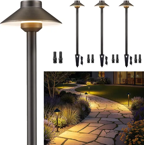 Miniatura 25 de Gardenreet Luces de camino de latón para exteriores, iluminación de camino de paisaje de bajo voltaje con cable, luz LED de pasarela de 12 V