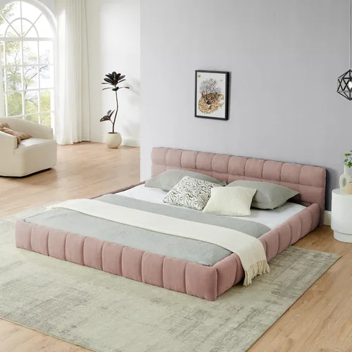 Miniatura 21 de Base de cama tapizada tamaño California King con tela de felpilla gruesa, cama de plataforma con cabecero copetudo, marco de madera maciza, diseño