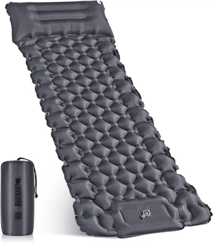 covacure Colchoneta de dormir de 3.9 pulgadas de grosor para acampar con bomba de pie integrada, colchón de aire ultraligero y compacto con almohada