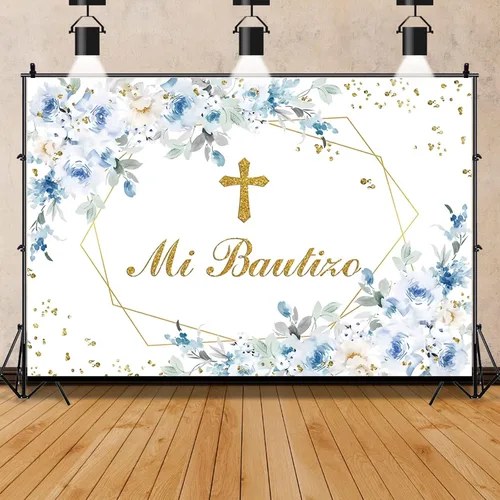 Mi Bautizo - Telón de fondo de fotografía de flor de peonía azul, angel, primera comunión, bautismo, decoración de fiesta, bautizo, baby shower,