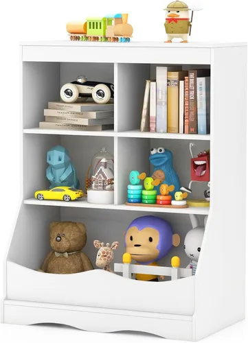 Miniatura 10 de LDAILY Estantería para niños, muebles de dormitorio para niños con 4 cubos, 1 compartimento abierto, estantería de guardería con dispositivo Gris