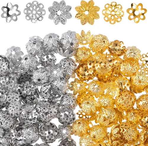 HINZIC 600 cuentas de flores huecas de 0.315 y 0.394 pulgadas, 6 estilos de cuentas de filigrana para hacer joyas, cuentas espaciadoras doradas y