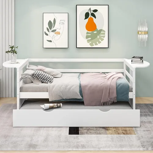Miniatura 3 de Quarte Sofá cama multifuncional de tamaño individual con nido y estantes plegables en ambos lados, sofá cama con marco de madera y listones