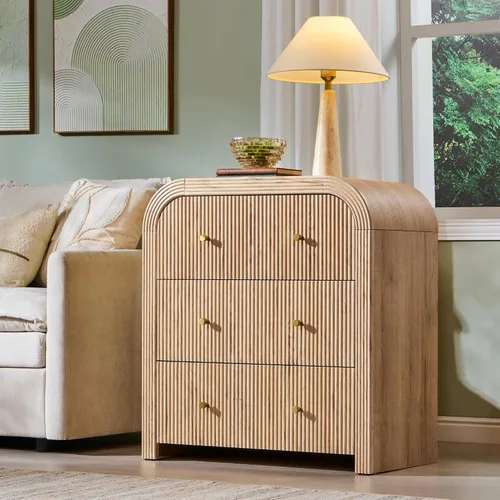 Miniatura 15 de T4TREAM Cómoda acanalada con 3 cajones, cómoda moderna de 32 pulgadas de alto con diseño de perfil curvado grueso, organizador de almacenamiento