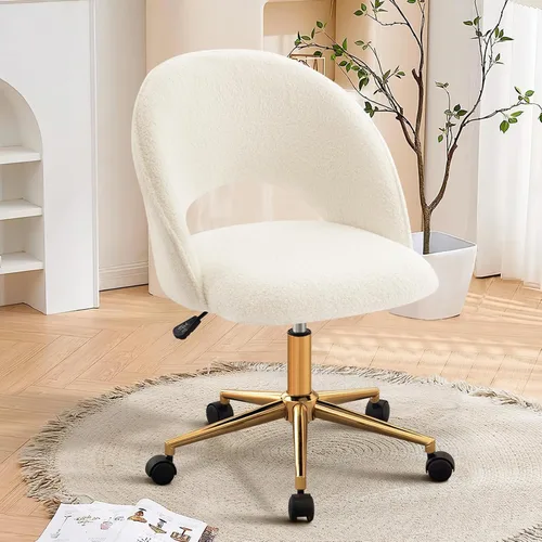 Silla de tocador con respaldo, bonita silla de escritorio de oficina con ruedas para niñas, silla decorativa tapizada sin brazos con metal dorado