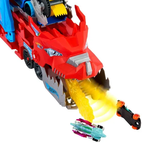 Miniatura 8 de Hot Wheels City Toy Car Track Set, Ultimate Dual Dragon Transporter y 2 autos fundidos a presión, dragón desmontable y a gran escala, almacena más