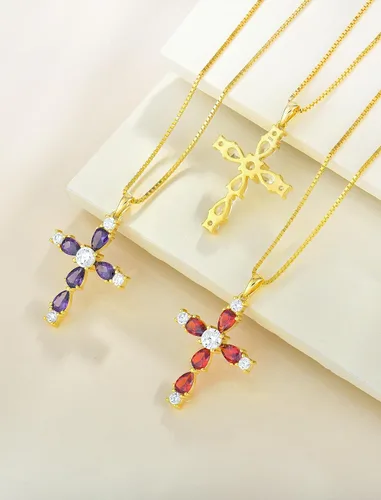 Miniatura 13 de YL Collar de cruz de plata de ley 925 con colgante de piedra natal religiosa para mujer