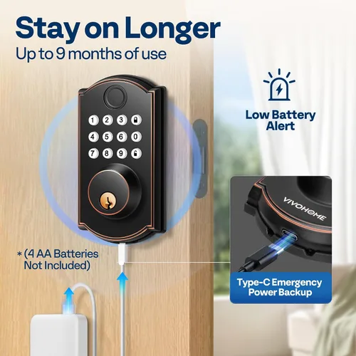 Miniatura 6 de VIVOHOME Cerradura de puerta de entrada sin llave con huella digital, cerrojo electrónico con teclado para puerta delantera, bloqueo automático, 2