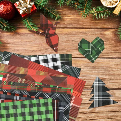 Miniatura 5 de Haooryx 60 hojas de papel de origami a cuadros de Navidad de doble cara de 11 x 11 pulgadas, colección de papel decorativo a cuadros rojos y verdes