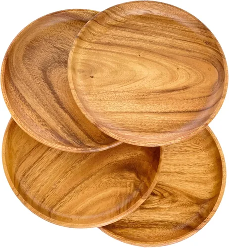 Miniatura 11 de Juego de 4 platos de madera de acacia, redondos de 6 pulgadas, postre de madera maciza de 1 pulgada de grosor, platos laterales y aperitivos
